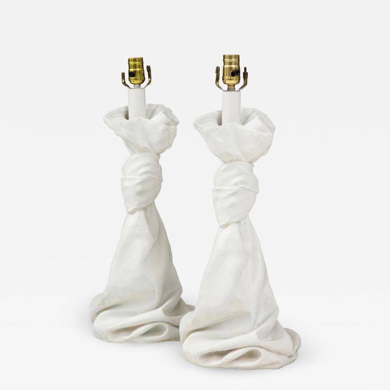 Pair of Vintage White Plaster Draped Table Lamps in the Style of John Dickinson