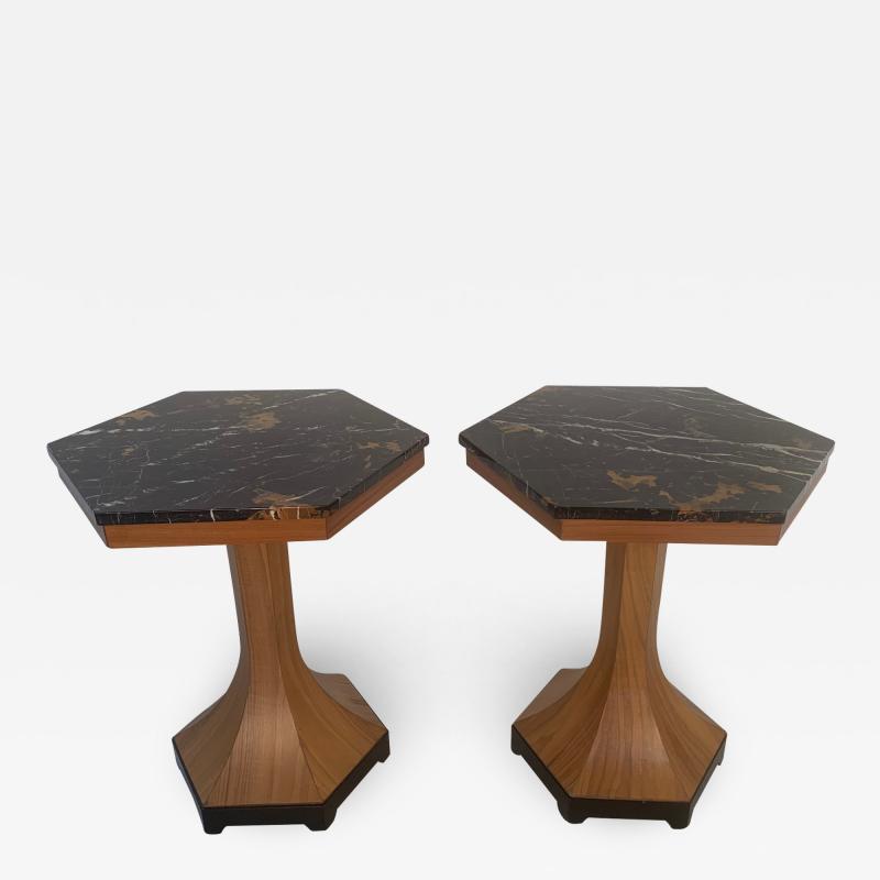 Pair of Walnut and Marble Top Pedestal Tables