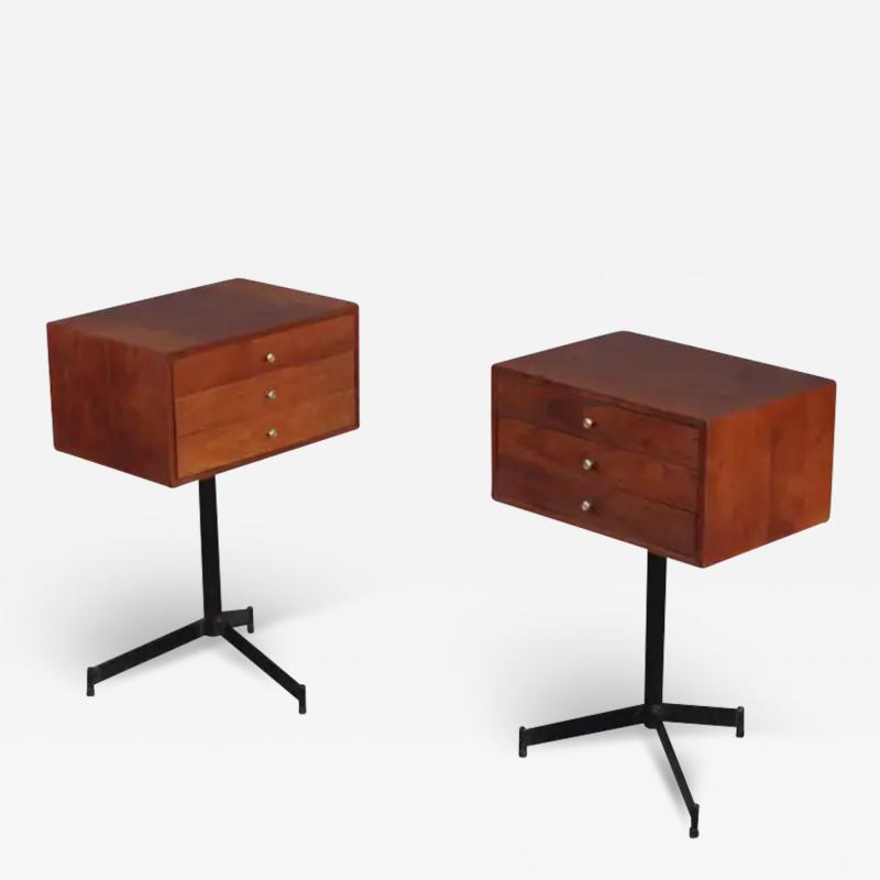 Pair of Walnut and Steel Nightstands or Side or End Tables Mid Century Modern