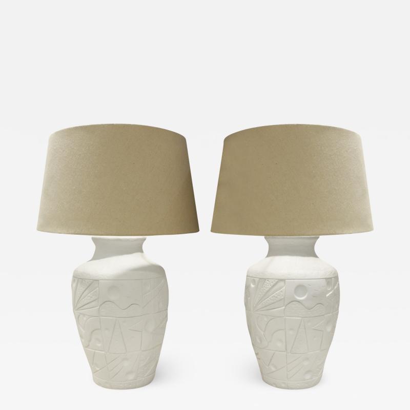 Pair of White Ceramic Table Lamps with Gemotric Motif 1980s