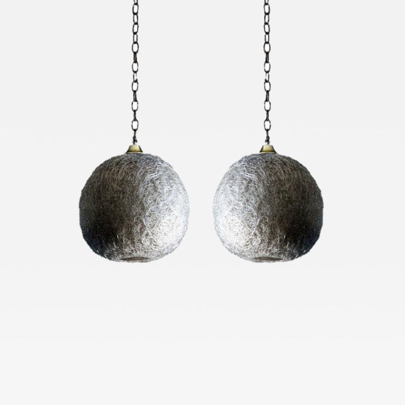 Pair of White Glass Thread Globe Pendant Lights