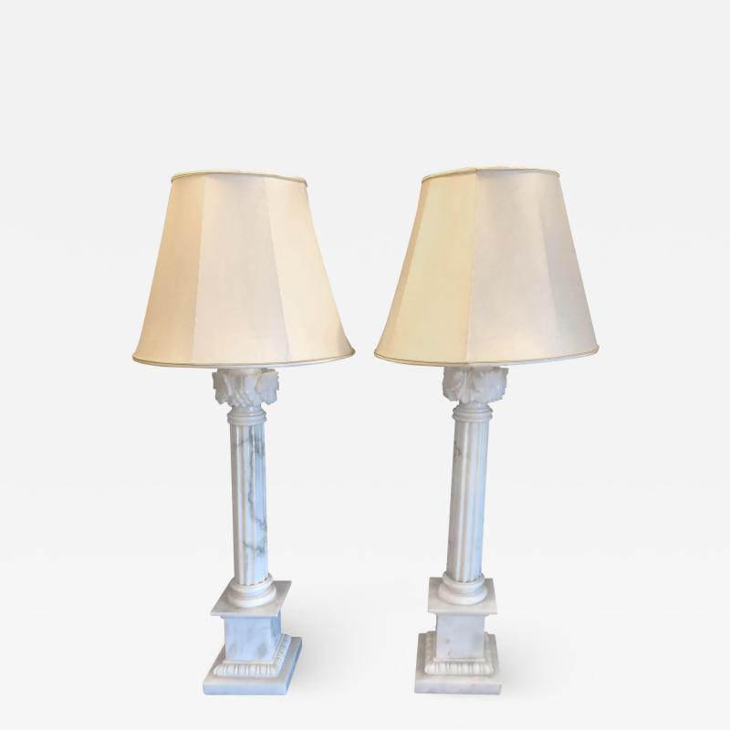 Pair of White and Grey Veined Column Marble Table Lamps with Custom Shades