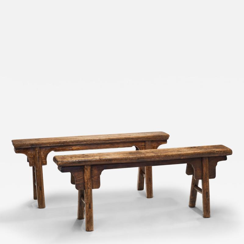 Pair of Wooden Elm Chinese Benches China Early 20th Century