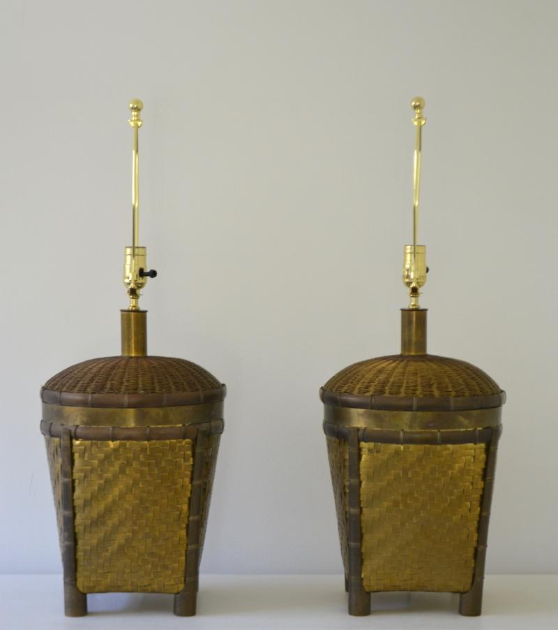 Pair of Woven Brass Basket Form Table Lamps