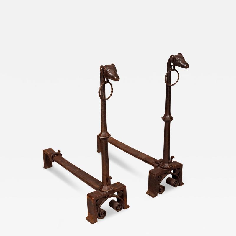 Pair of Wrought Iron Dog Head Andirons