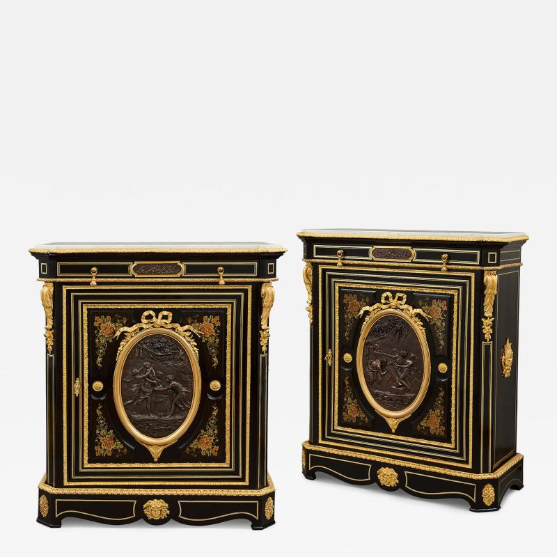 Pair of antique French ebonised wood ormolu bronze and marquetry cabinets