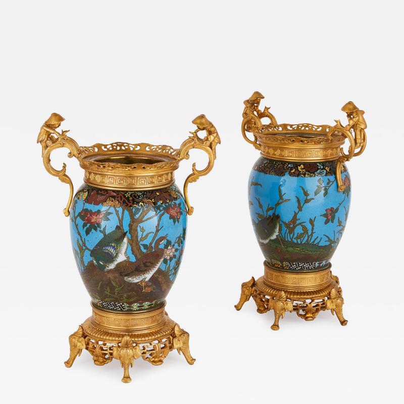 Pair of antique Japanese cloisonn enamel vases with French ormolu mounts