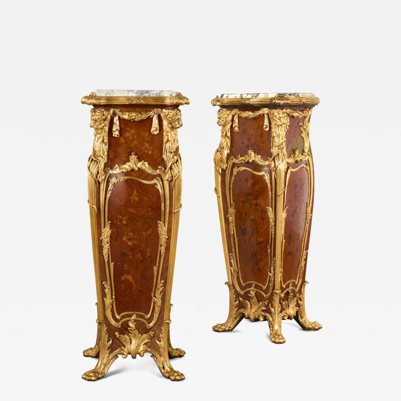 Pair of antique Louis XV style ormolu mounted marquetry pedestals