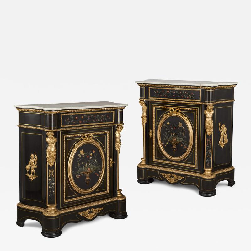 Pair of antique Napoleon III style ebonised wood and pietra dura cabinets
