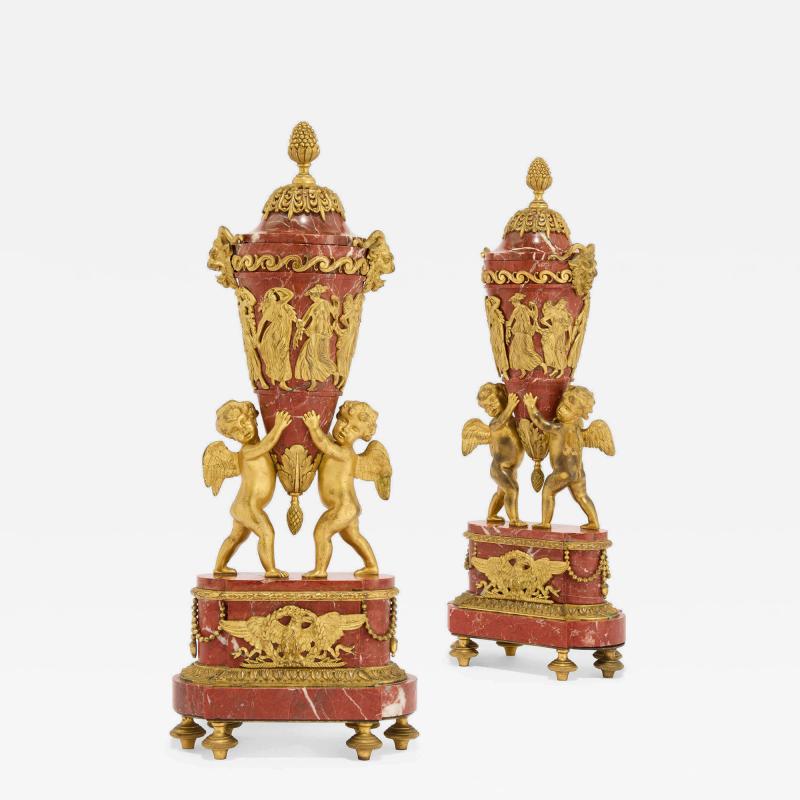 Pair of antique Russian pink griotte marble and ormolu vases with covers