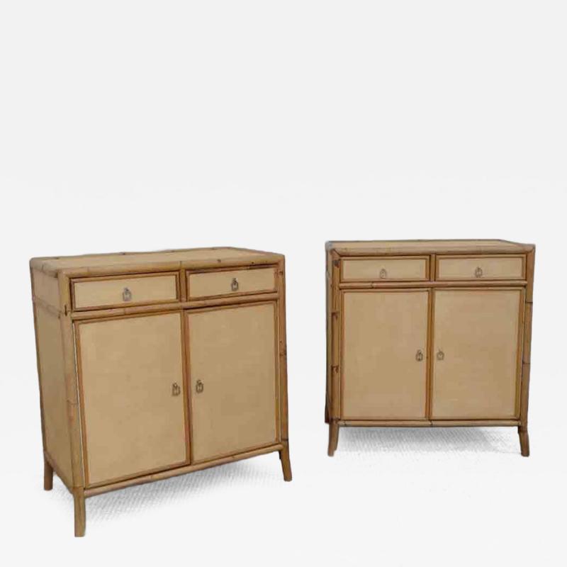 Pair of bamboo cabinets covered in raffia