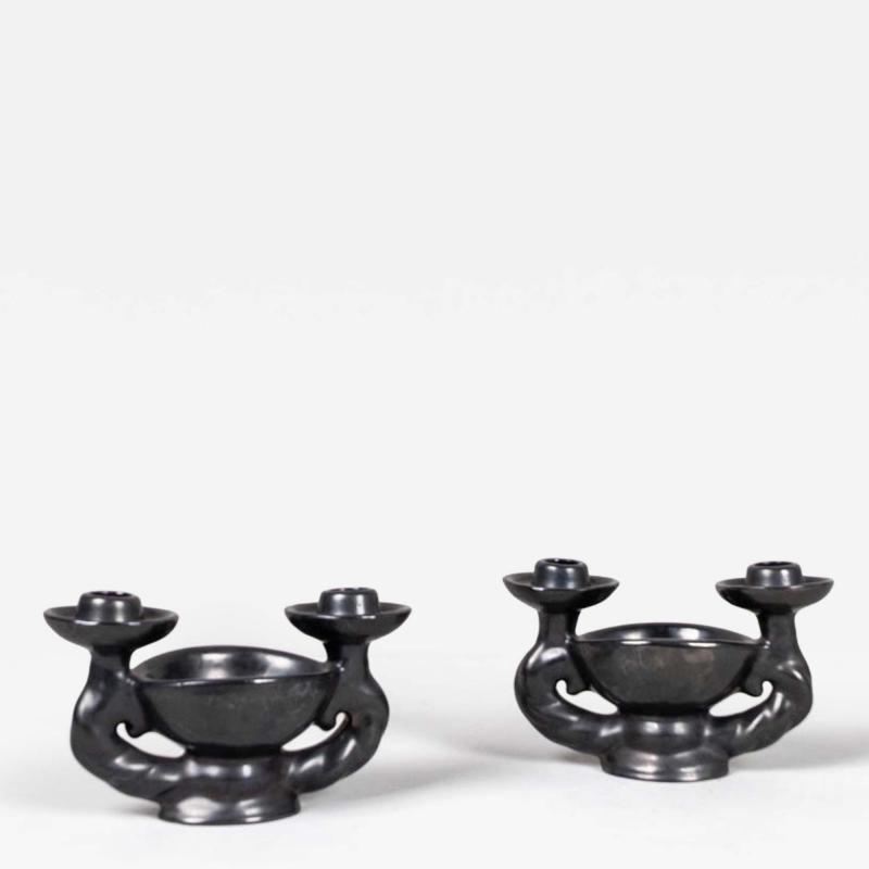 Pair of black glazed candle holders France 1950s