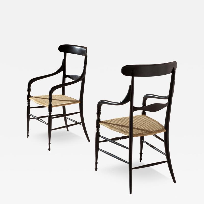 Pair of black lacquered Campanino armchairs Enzo Rotella Chiavari Italy 1950s