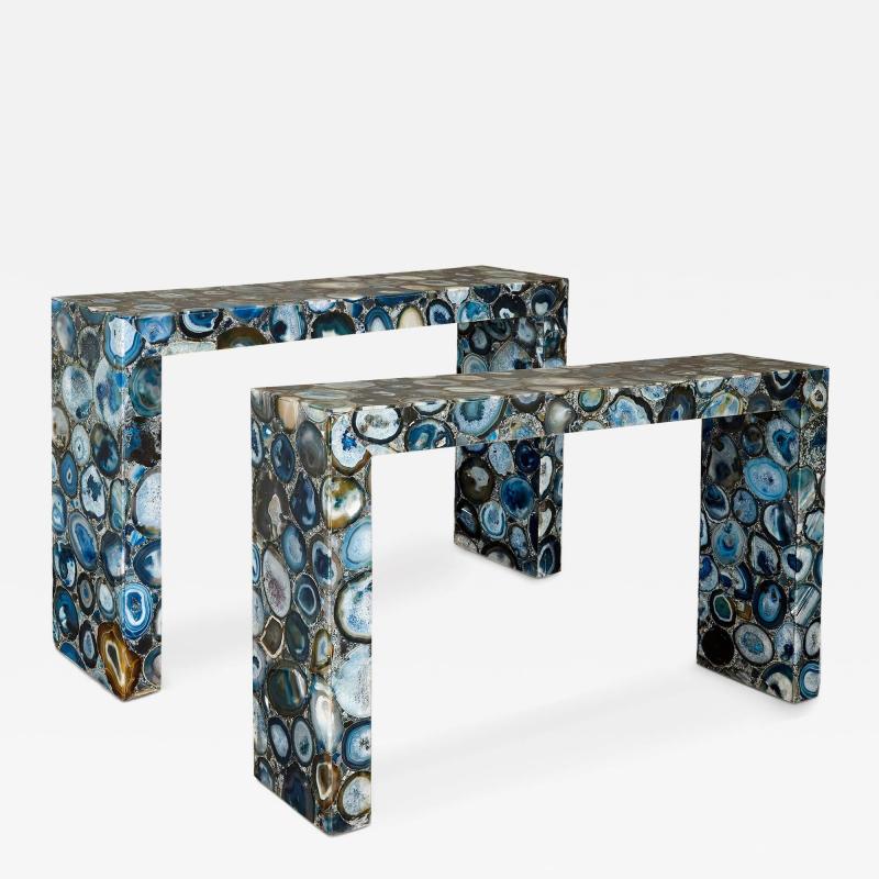 Pair of blue agate console tables