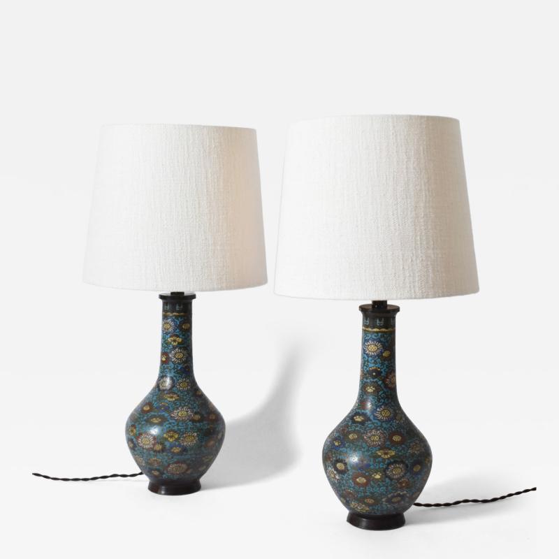 Pair of blue cloisonn bronze lamps XIXth c 