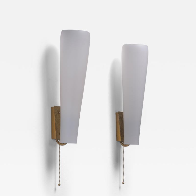 Pair of brass and opaline glass wall lamps