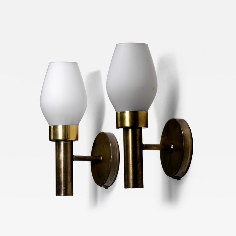 Pair of brass and opaline glass wall lamps