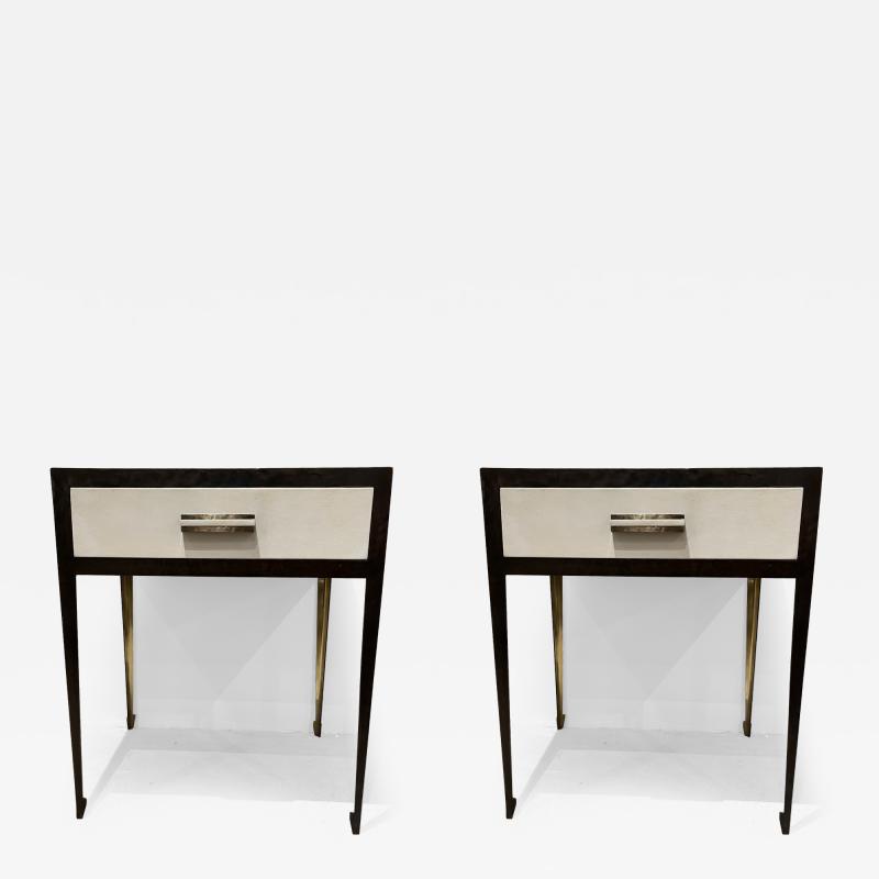 Pair of bronze and steel bedside tables with parchment panels 