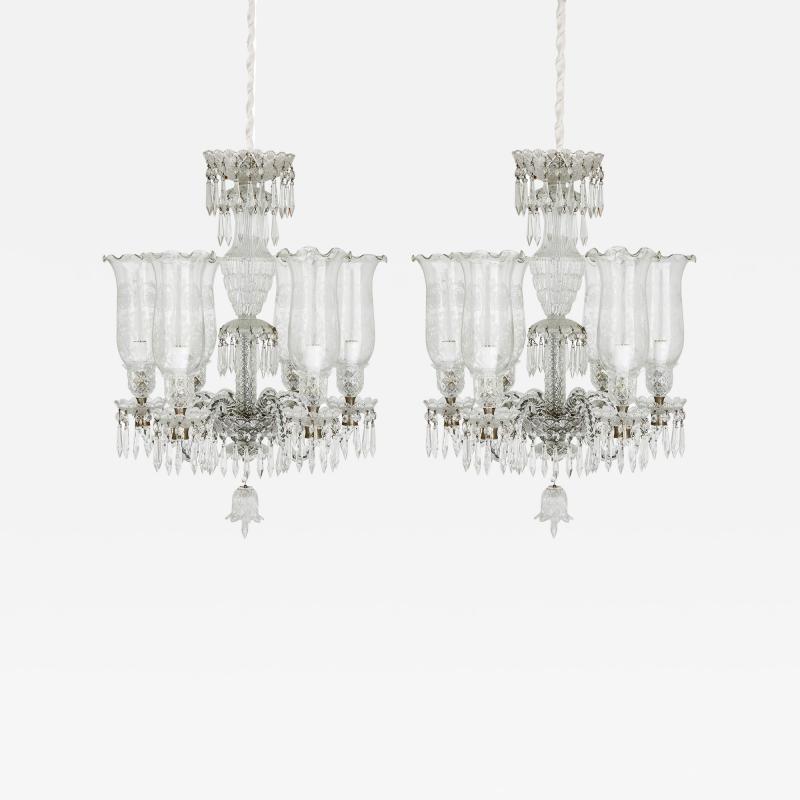 Pair of clear cut and etched glass 6 light chandeliers