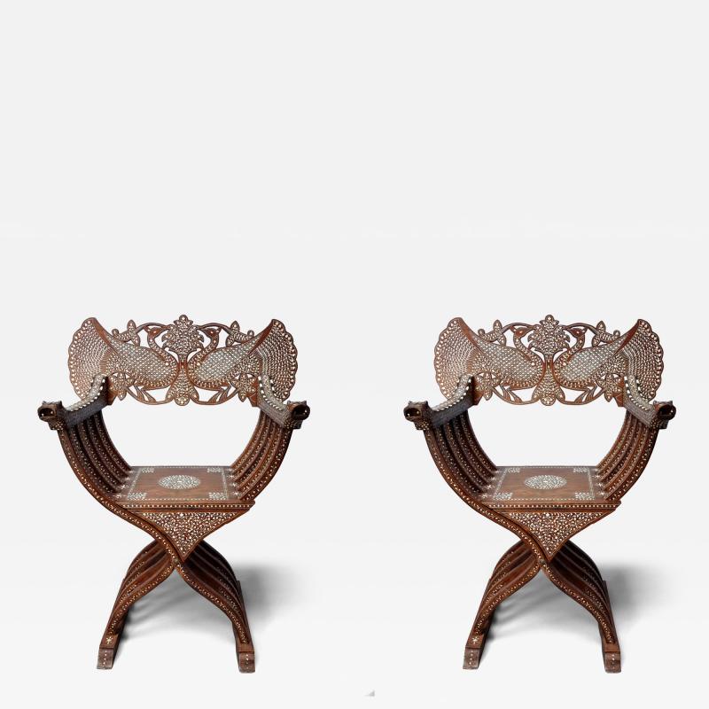 Pair of early 20th century inlaid Mughal Savonarola armchairs mahogany and bone