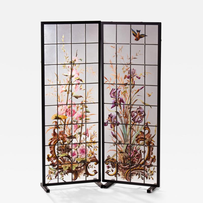 Pair of enameled stained glass panels France circa 1880