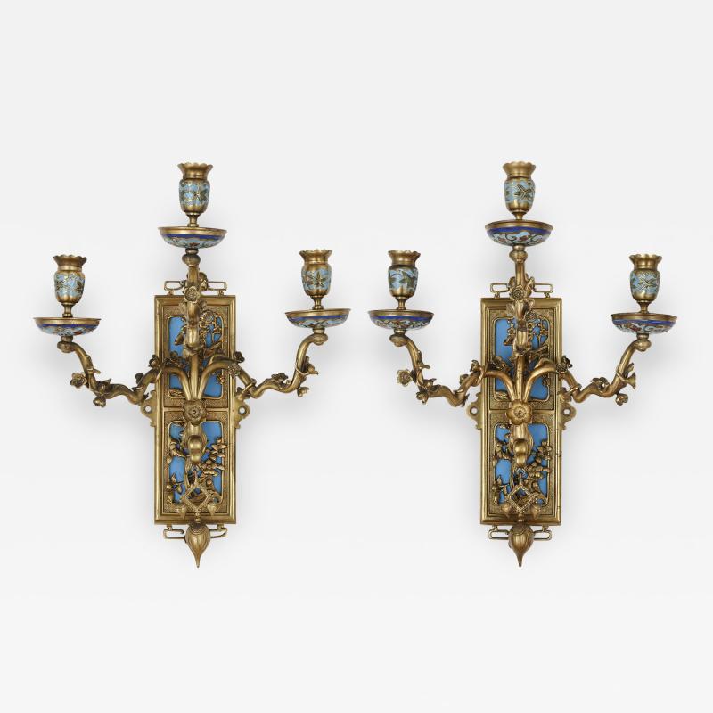 Pair of gilt bronze and enamel sconces in the Japonisme style