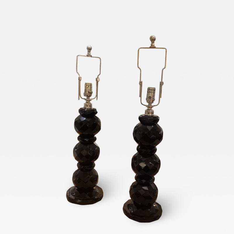 Pair of hand etched black table lamps