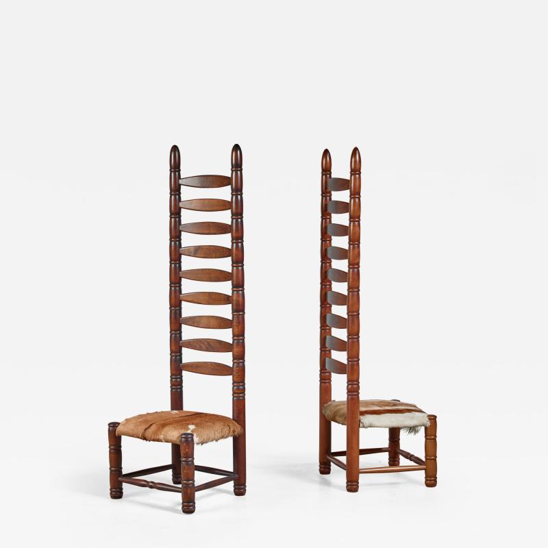 Pair of high back ladder chairs with goatskin seating 1960s