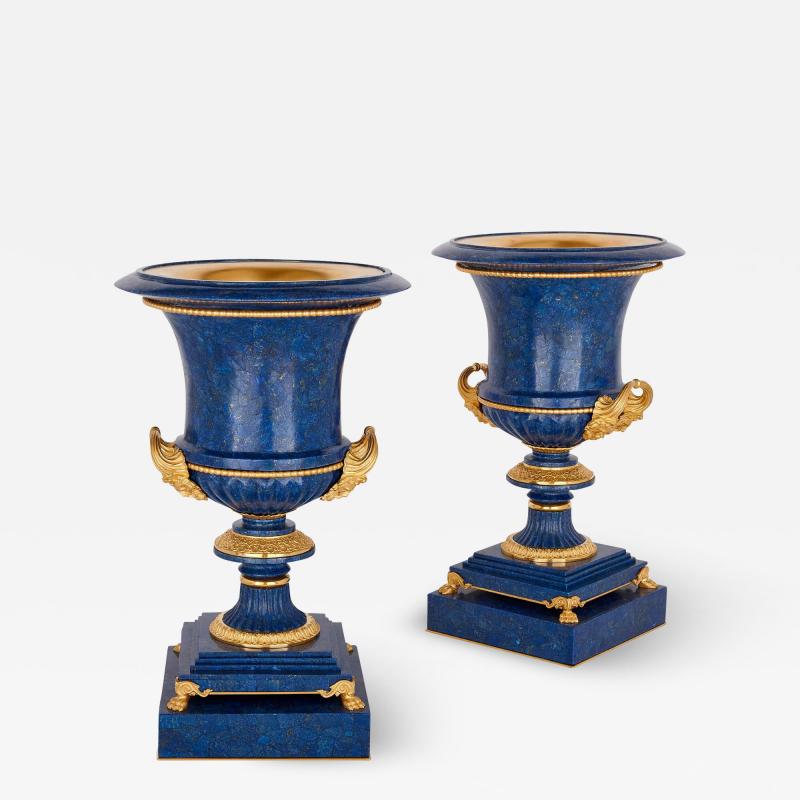 Pair of lapis lazuli and ormolu mounted Medici vases after Galberg