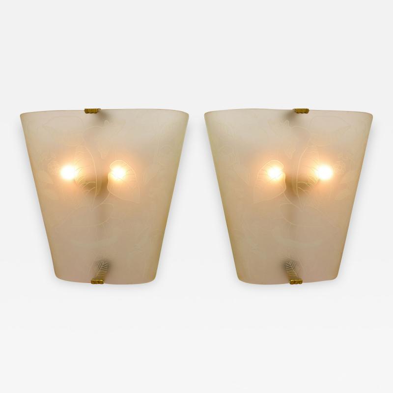 Pair of large Art Deco etched glass lights