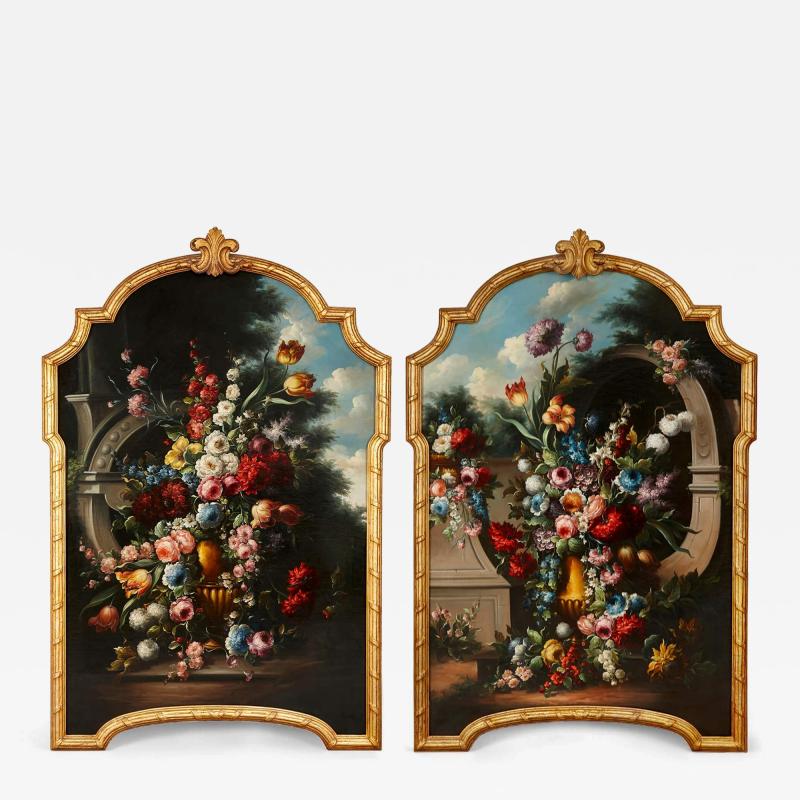 Pair of large Baroque style floral still life oil paintings