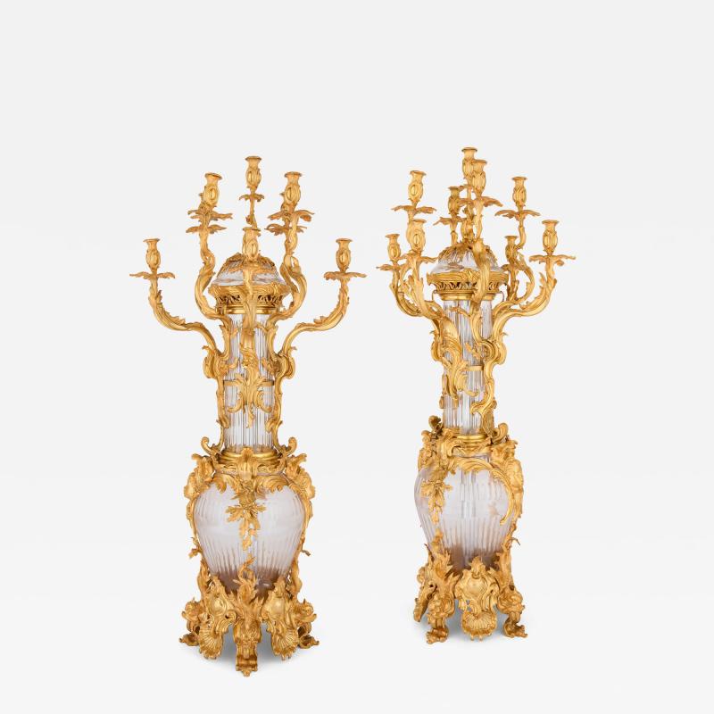 Pair of large French Rococo style glass and gilt bronze candelabra