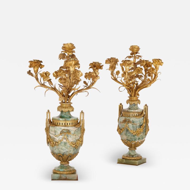Pair of large Louis XVI style gilt bronze mounted fluorspar candelabra