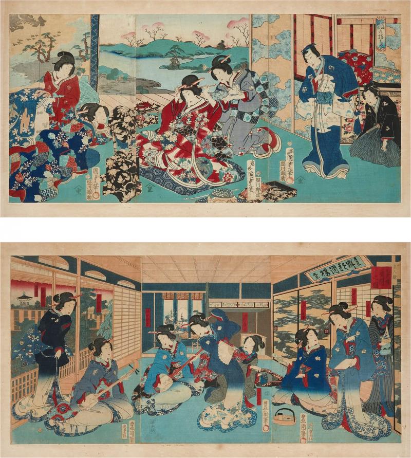 Pair of large Meiji Era Japanese woodblock prints