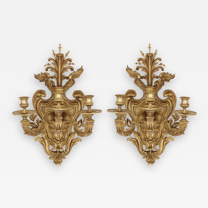 Pair of large gilt bronze sconces in the R gence style