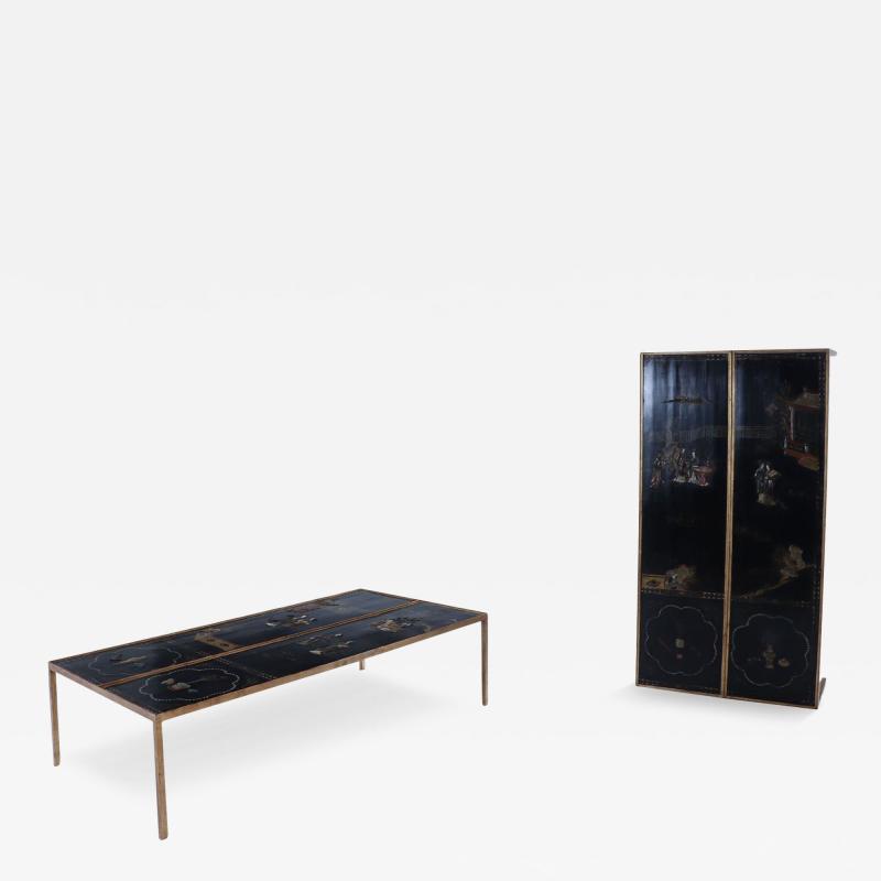Pair of large gilt iron coffee tables with Chinese decorated tops C 1940