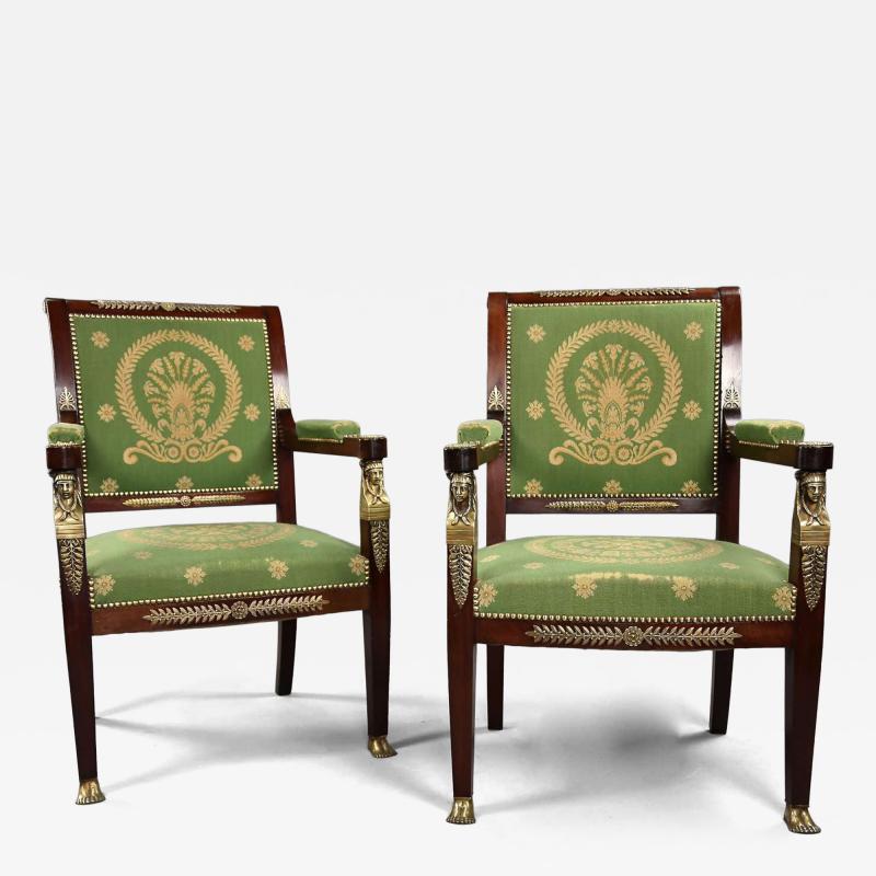 Pair of late 19thc French Empire style mahogany fauteuils