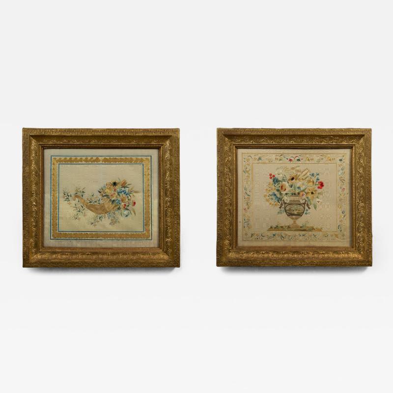 Pair of needlework panels in impressive original gilt carton pierre frames