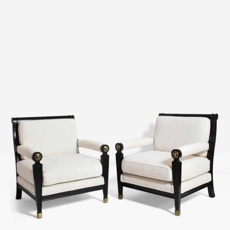 Pair of neoclassical ebonised wood and caning armchairs 1960s 