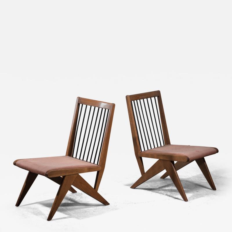 Pair of oak side chairs with fabric seating