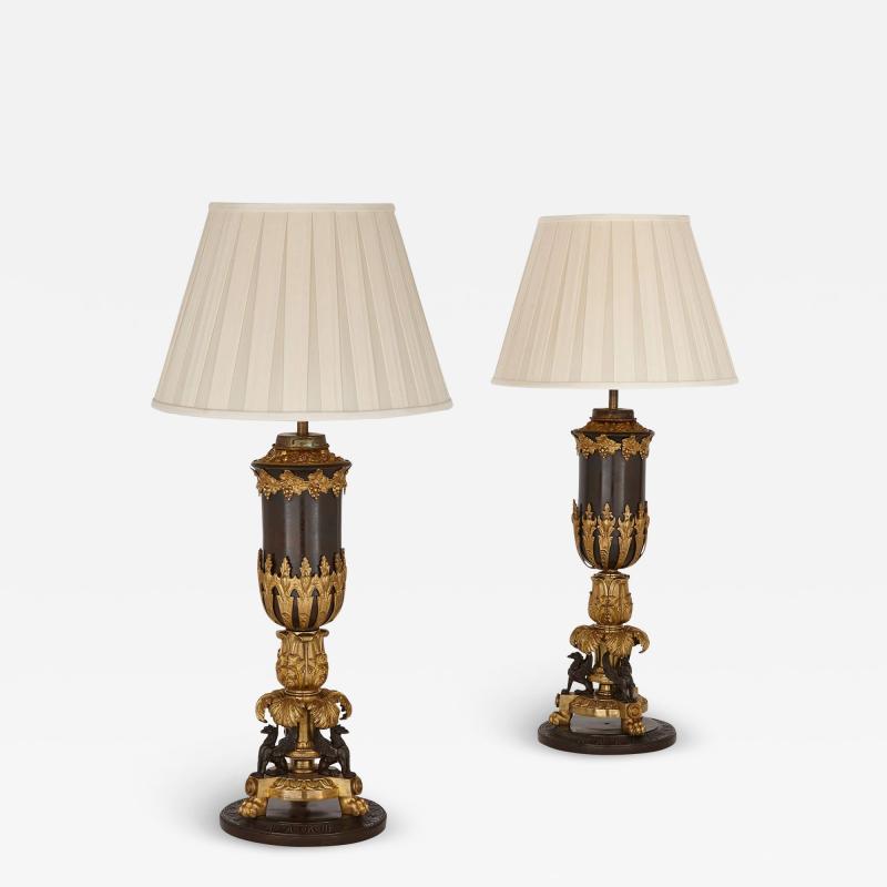 Pair of ormolu and patinated bronze Empire style table lamps