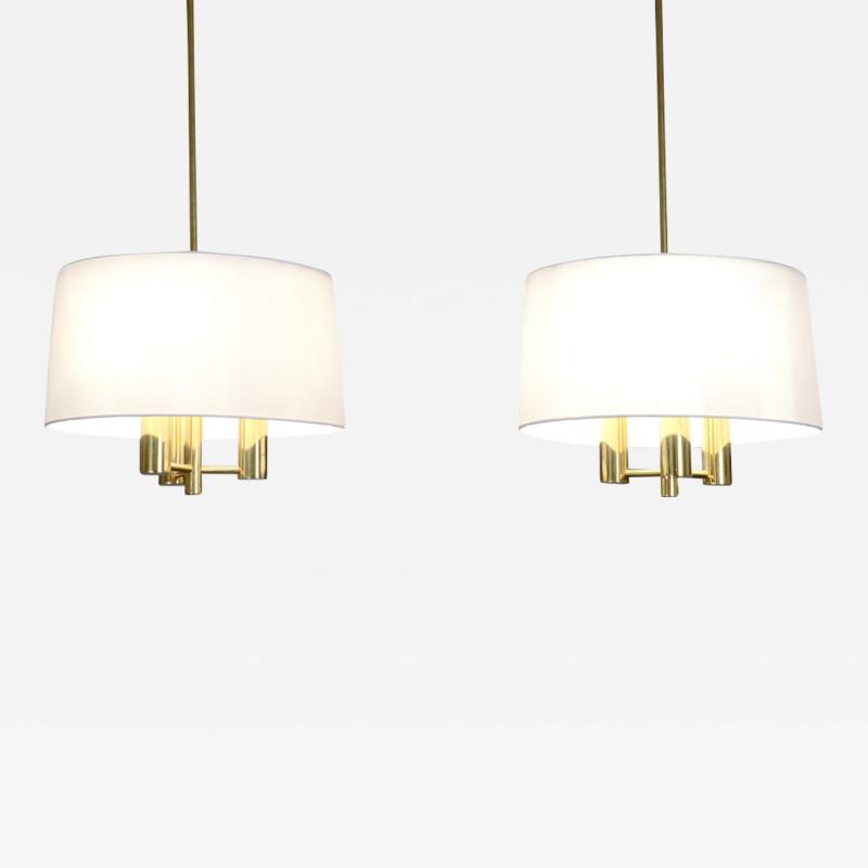 Pair of pendant brass lamps with adjustable silk top Sweden 1960 s