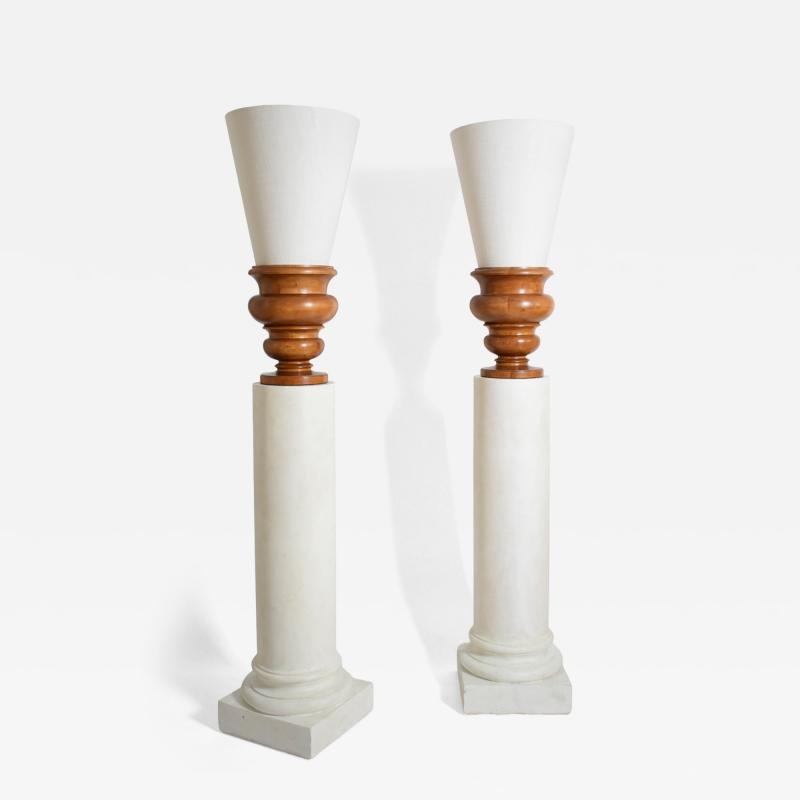 Pair of plaster columns and wooden lamps vases 