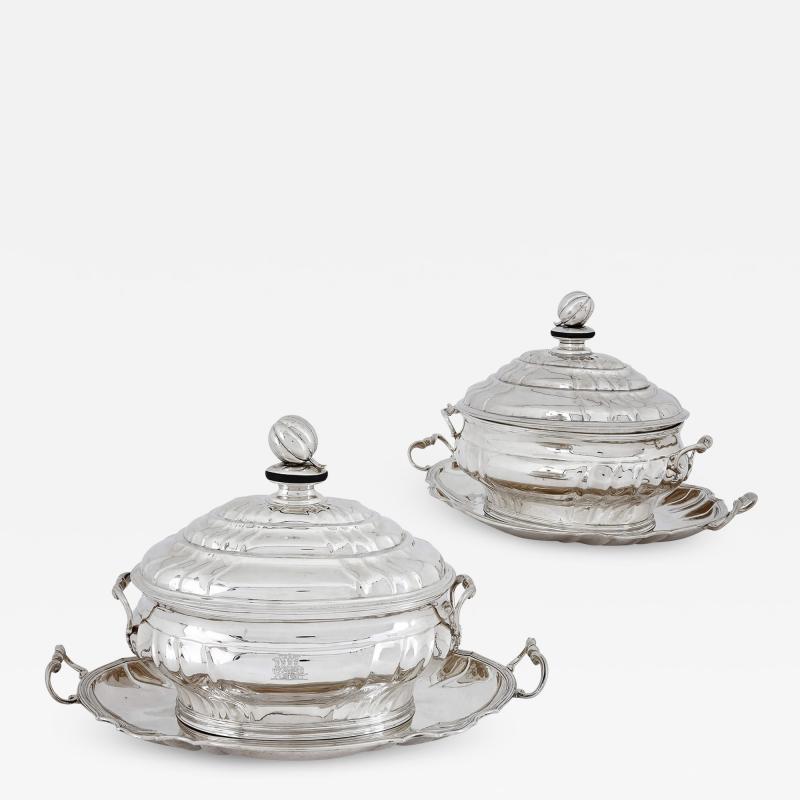 Pair of rare Danish eighteenth century silver soup tureens with trays