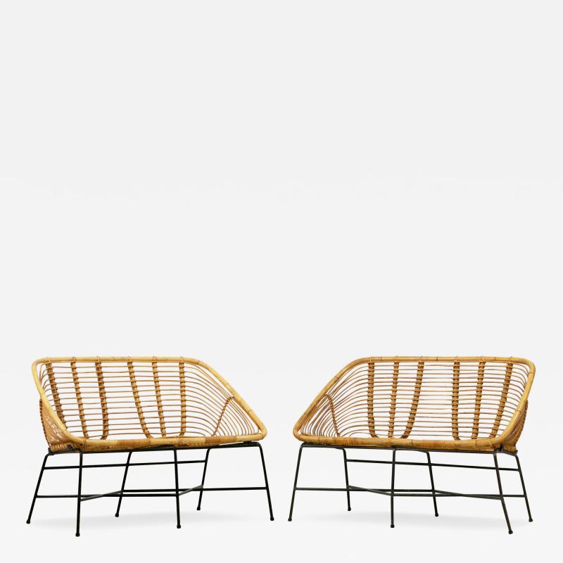 Pair of rattan and lacquered iron bench seats France circa 195
