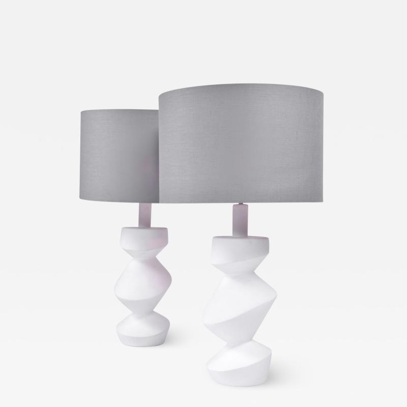 Pair of sculptural Savoy white plaster table lamps