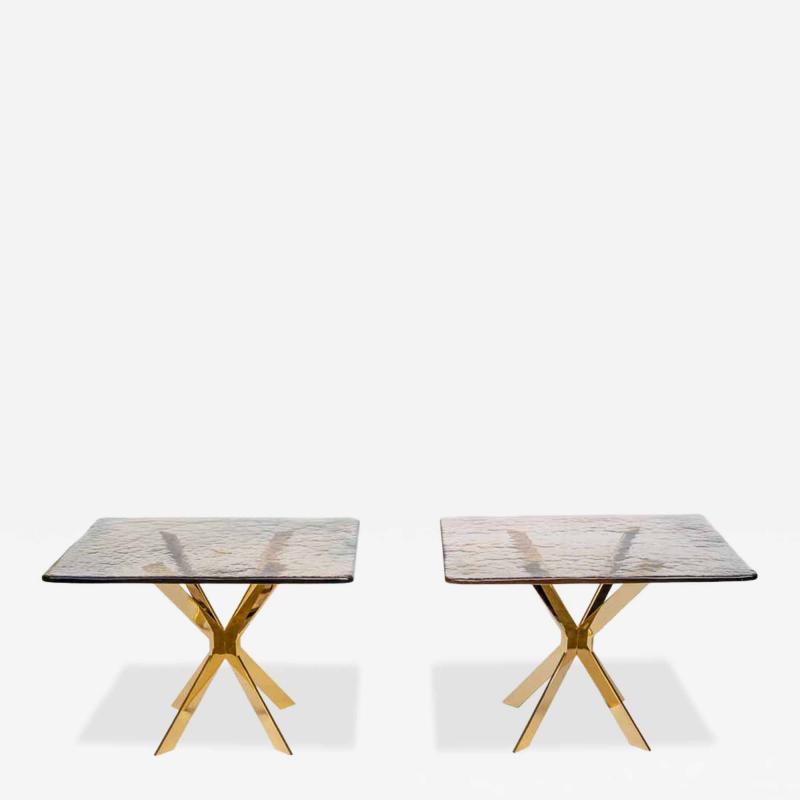Pair of smoke amber glass gold plated metal base side tables