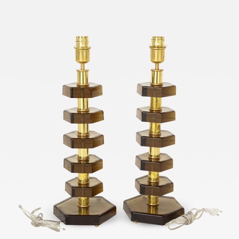 Pair of smoked glass table lamps in the style of Jacques adnet
