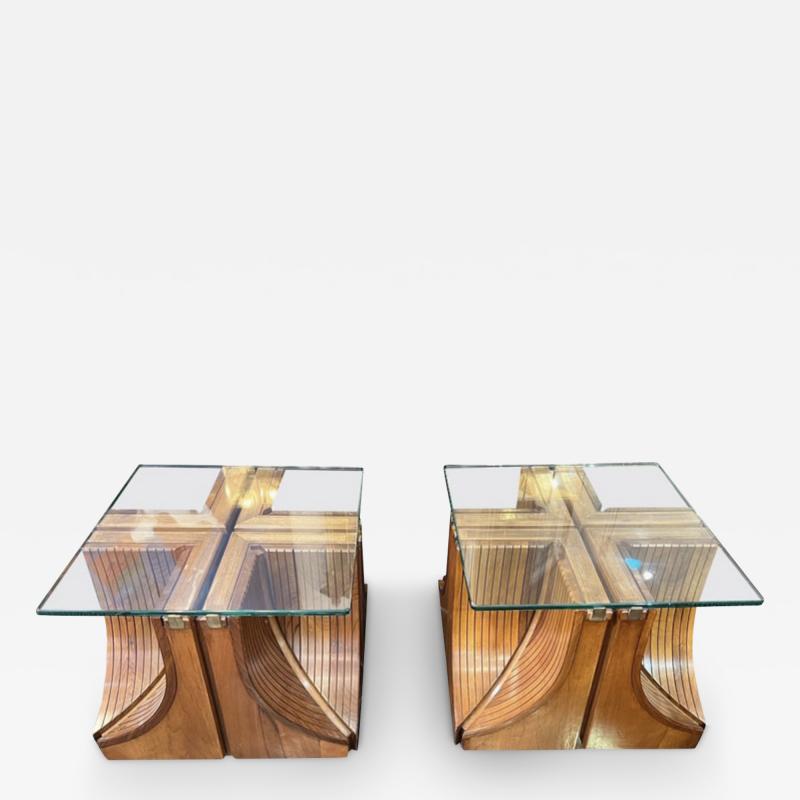 Pair of solid cherrywood and glass coffee tables