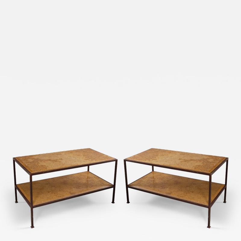Pair of steel side tables with sienna marble tops Italy